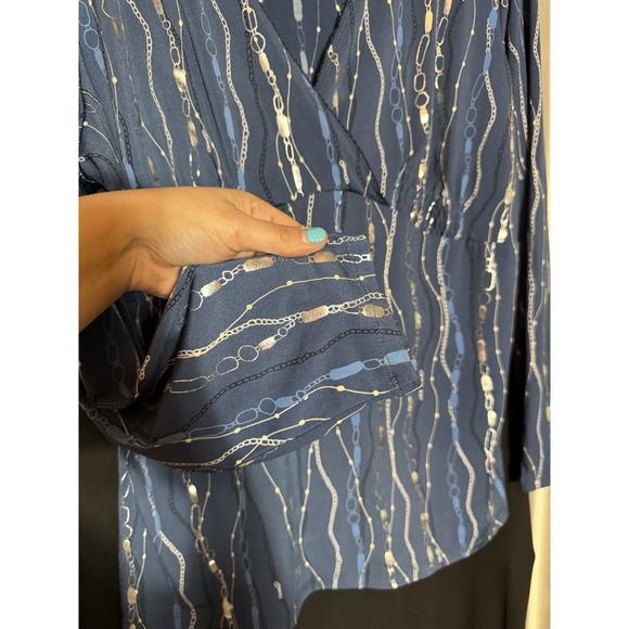 Emma James Nylon Top Blue Embellished 2X babydoll empire waist silver geometric - Picture 4 of 6